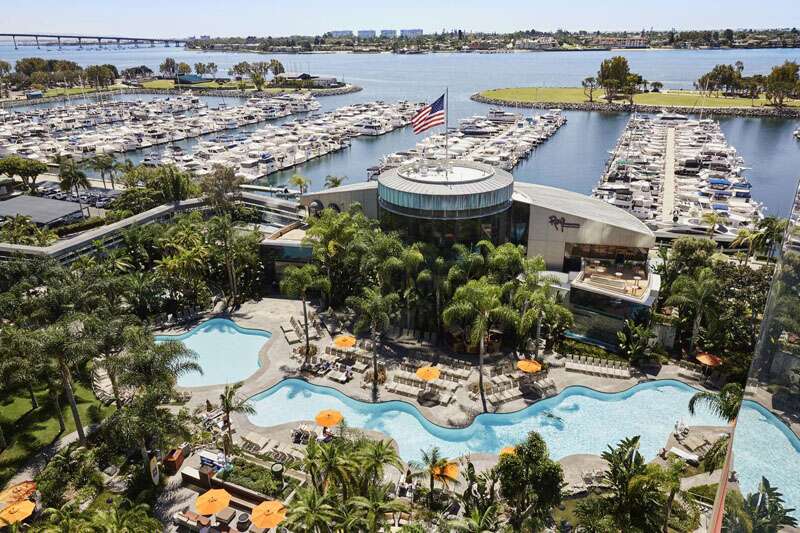 Onde ficar em San Diego: piscina e area de lazer do hotel san diego marriotT & marina